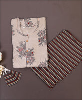 Cotton Beige Block Print Kurti Set with matching face Mask